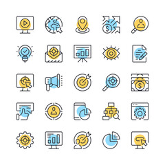Fototapete - Digital marketing line icons. Set of SEO icons. Black, blue and yellow colors. Modern outline graphic design. Vector line icons set