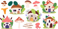 Fairytale Mushroom Houses, Forest Fairy Home In Plants And Berries. Mushrooms Isolated, Cute Magic Dwarf Buildings. Racy Magic Vector Cartoon Clipart