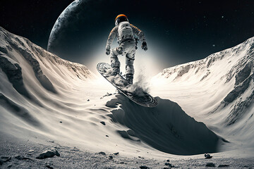 Wall Mural - Dramatic astronaut snowboarding on the moon with earth in background created with Generative AI technology
