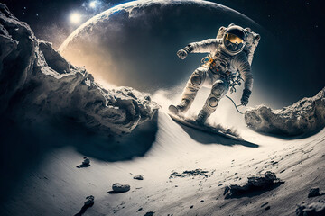 dramatic astronaut snowboarding on the moon with earth in background created with generative ai tech