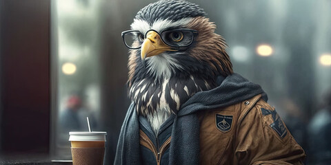 Canvas Print - Portrait of an eagle wearing glasses sitting at a cafe with a cup of coffee, generative ai