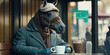 Portrait of a horse sitting at a cafe with a cup of coffee, generative ai	