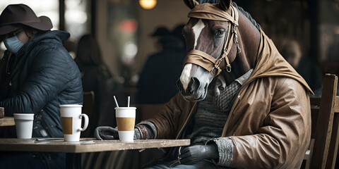 Canvas Print - Portrait of a horse sitting at a cafe with a cup of coffee, generative ai	