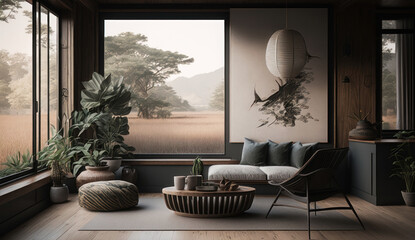 Modern Japandi interior design appartment in earth tones. AI Generation