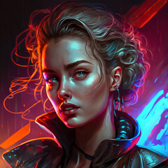 portrait of a beautiful blonde girl in cyberpunk style pink and blue gradient neon lights Generative Ai