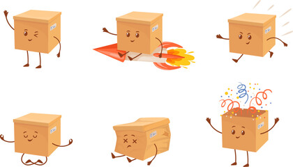 delivery box mascot. cartoon parcel characters, funny courier packages cute happy sad face of delive