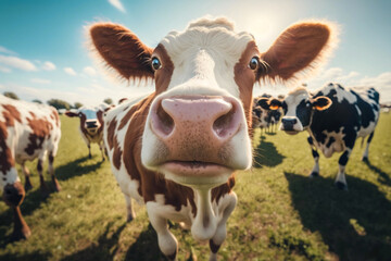 Rural Serenity: Curious Cow Close-Up in Pasture. Ai generative