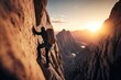 Young man climbing wall with belay with sunrise valley on the background. AI Generation