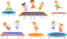 Kids Trampolines. Children Jump Center, Energetic Kid Boy And Girl Jumping On Rubber Elastic Trampoline Child Playroom House Or Outdoor Park, Fun Childhood Neat Vector Illustration
