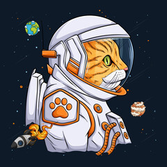 Wall Mural - hand drawn funny cat wearing astronaut spacesuit. spaceman or cosmonaut cat over rocket and planets.