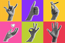 A Grid Of Collage Arms With A Halftone Effect. Vector Background With Hands With Different Gestures. Cutout Elements As Png.