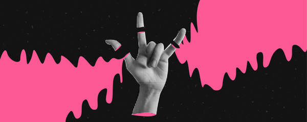 Wall Mural - Collage banner with halftone effect hand with gesture Rock. Ripped off fingers and sweat. Textured background with abstract space and stars. Psychedelic poster. New Wave. Punk