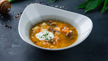 Sticker - Pickle soup with pickled cucumbers, potatoes, carrots, meat and sour cream.