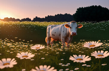 Cute cow on green lawn with daisies at sunset. Large animal on walk on green grass with wild flowers, chamomiles.