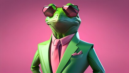 Poster - Fashion frog in color suit with sunglasses on a solid color background, vector art, digital art, faceted, minimal, abstract, geometric. Generative AI.