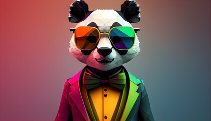 Wall Mural - Fashion panda in color suit with sunglasses on a solid color background, vector art, digital art, faceted, minimal, abstract, geometric. Generative AI.