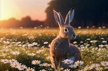 Cute Hare On Green Lawn With Daisies At Sunset. Big - Eared Animal On Walk On Green Grass With Wild Flowers, Chamomiles.

