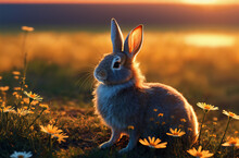 Cute Rabbit On Green Lawn With Daisies At Sunset. Bunny On Walk On Green Grass With Wild Flowers, Chamomiles. Generative AI.