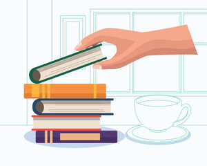 Poster - hand with books and coffee