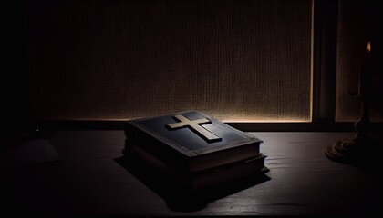 Black Bible with a cross on the cover on a table in a dark room. Generative AI.