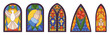 Set Of Gothic Colorful Stained Glass Windows. Old Style Arches With Colorful Dove, Prayer Hands, Cup, Cross, Flower
