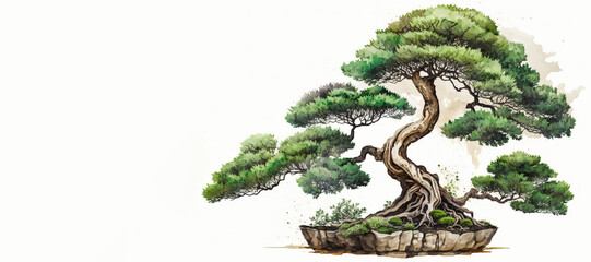 watercolor bonsai tree illustration, Generative AI