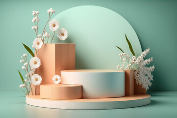 Wall Mural - Empty pedestal podium with daisy flowers on light green background. Generative AI

