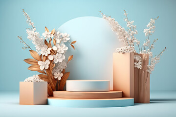 Wall Mural - Abstract platform podium product presentation with blossom spring flowers on blue background. Generative AI
