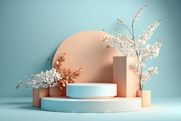 Wall Mural - Empty podium pedestal for product presentation with blossom spring flowers. Generative AI