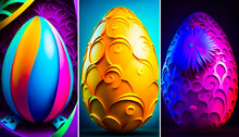 Three Different Colored Easter Eggs On Black Background. Generative AI.