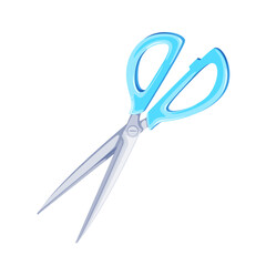 Scissors vector illustration. Cartoon isolated open scissors with blue plastic handles and pair of long sharp metal blades, school and office supplies, home equipment to cut paper and for craft work