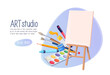 Art studio banner design template vector illustration. Cartoon artists equipment and tools for art workshop, easel with canvas for painting picture with brush, tubes with oil and watercolor paints