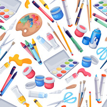 Artists Tools Seamless Pattern Vector Illustration. Cartoon Isolated Brush And Pencil, Tubes And Palette, Packaging With Oil, Watercolor Or Gouache Paints, Painting Supplies And Instruments Of Painter