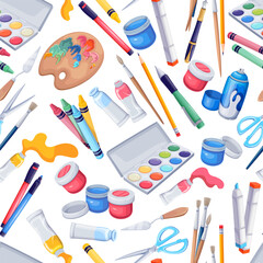 artists tools seamless pattern vector illustration. cartoon isolated brush and pencil, tubes and pal