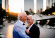 An elderly married gay couple hugs in a show of love and affection in the city