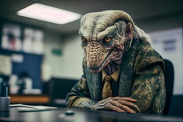 Wall Mural - Old Female with Snake-Like Features in Professional Garb in the Business Office. Generative AI.