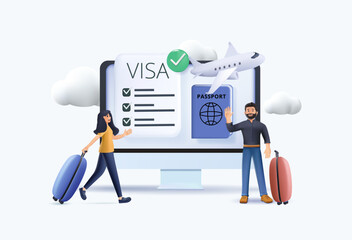 Various Travel Icons 3D. Characters Planning Trip and Choosing Destination, Preparing Travel Visa and Passport, Booking Flight and Hotels. Vacation and Tourism Concept. 3D Cartoon Vector Illustration