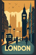 London city ​​poster, 1970s style. United Kingdom. Ai llustration, fantasy digital, artificial intelligence artwork