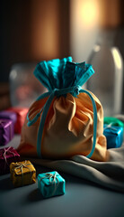 Wall Mural - gift bag present and small gift boxes bokeh background. Generative ai