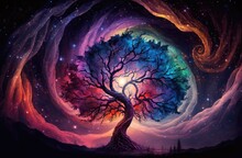 Abstract Colorful Swirl Galaxy Into A Fantasy Magical Tree. Enchanted Night Cosmos Design. Star Nebula Silhouette.