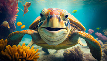 Joyful Smiling Sea Turtle Swimming Underwater. Generative AI