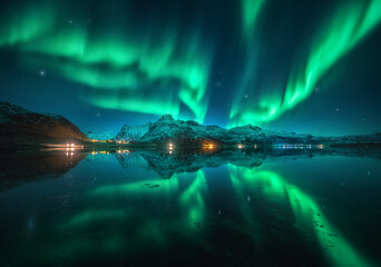 Wall Mural - northern lights over the snowy mountains, sea, reflection in water at night in lofoten, norway. auro