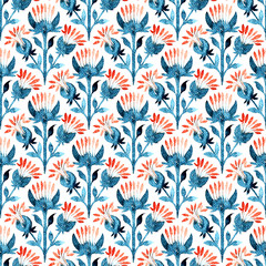 Wall Mural - Flowers seamless watercolor pattern. The grange texture of the burlap. Decorative plants ornament tile. Handwork with paints on paper.