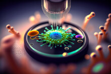 Représentation Stylisée De Germe, Virus, Microbe Sous La Lentille D'un Microscope - Générative IA