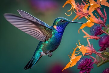 Colorful hummingbird on top of beautiful flowers. AI generated, human enhanced. Background