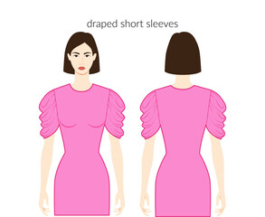 Wall Mural - Draped sleeves short length clothes character beautiful lady in pink top, shirt, dress technical fashion illustration, fitted. Flat apparel template front, back sides. Women, men unisex CAD mockup