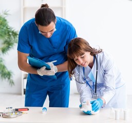 Wall Mural - Two young vet doctors examining sick cat