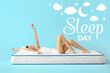 © Pixel-Shot - Poster for International Sleep Day with beautiful young woman lying on soft mattress