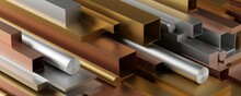 Aluminum, Copper And Brass Mixed Round And Square Profiles Stack Frame Filling, Construction Or Manufacturing Materials Concept