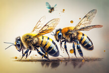 Illustration Of Beautiful Bees Using Watercolor. Generative AI